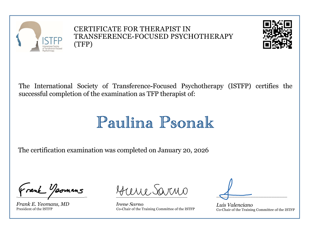 Certyfikat TFP – Paulina Psonak, International Society of Transference-Focused Psychotherapy